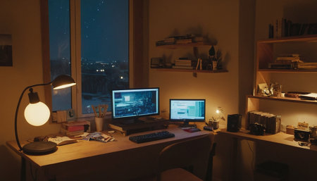 View of a night office with a lot of objects on the tableの素材