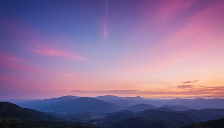 panoramic view of beautiful sunset in the mountains in the summerの素材