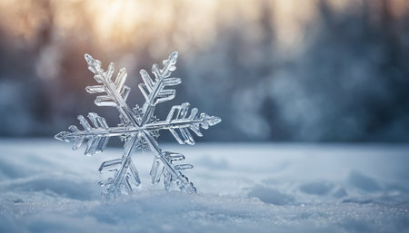 Snowflake on the snow in the winter forest. Christmas background.の素材