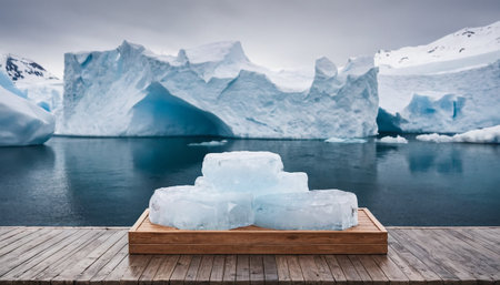Icebergs on a wooden table in front of icebergs in Antarcticaの素材