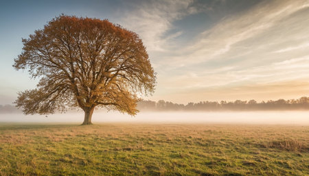 A single tree in a misty meadow at sunrise in autumnの素材