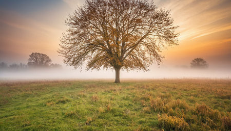 Tree in a foggy meadow at sunrise in autumn, UKの素材