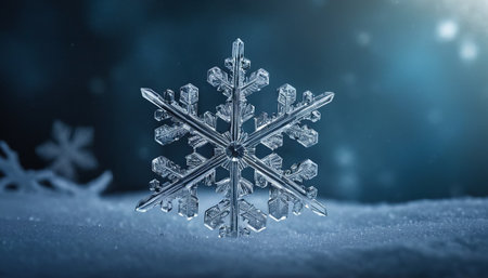 Snowflake on snow with bokeh background. 3D illustration.の素材