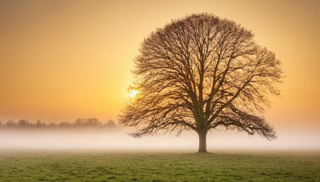 Silhouette of a tree in a foggy field at sunriseの素材