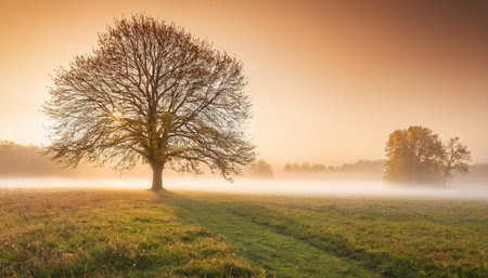 Sunrise over a foggy meadow in the countryside in springの素材