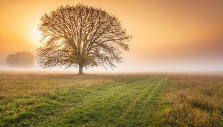 Sunrise in a misty meadow with a tree in the foregroundの素材