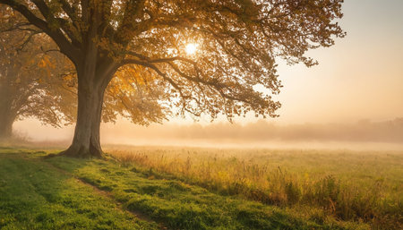 Sunrise in a misty meadow with a tree in the foregroundの素材