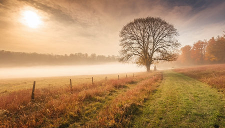 Sunrise over foggy meadow with lonely tree in the foregroundの素材