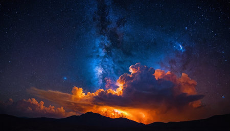 Milky Way over the mountains. Night sky with stars and cloudsの素材