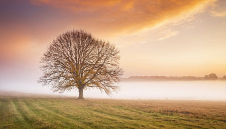 Lonely tree in foggy meadow at sunrise in autumnの素材