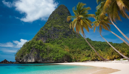 Panoramic view of tropical beach with palm trees and blue skyの素材