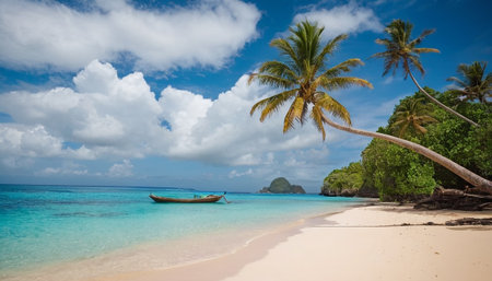 Tropical beach with palm trees and boat in Seychellesの素材