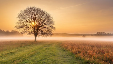 Sunrise in a foggy meadow with a tree in the foregroundの素材