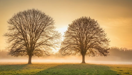 Two trees in a foggy meadow at sunrise in winter.の素材