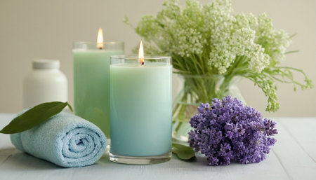 Beautiful spa composition with lavender and candles on white wooden tableの素材