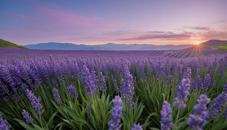 Sunset over lavender field in Valensole, Provence, Franceの素材