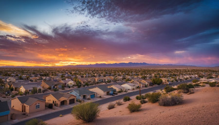 Aerial view of a small town in the desert at sunset.の素材