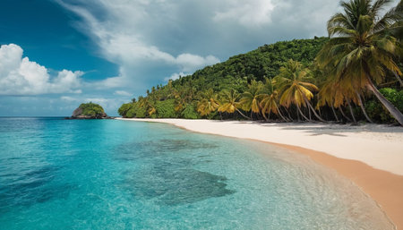 Tropical beach with coconut palm trees at Seychellesの素材