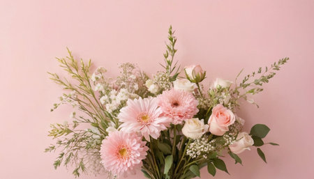 Flowers composition. Bouquet of different flowers on pink background. Flat lay, top view, copy spaceの素材