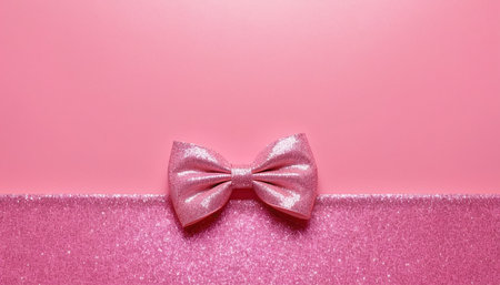 pink bow on a pink background, top view, copy spaceの素材