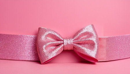 Pink bow on a pink background with copy space. Festive background.の素材