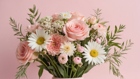 Bouquet of flowers in a vase on a pink backgroundの素材