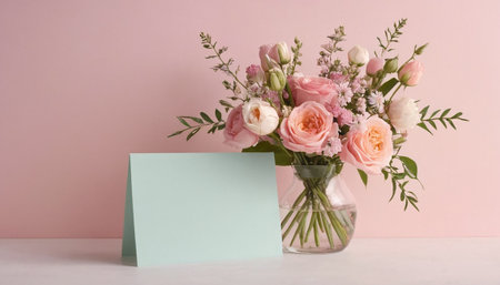 Bouquet of flowers in a glass vase with blank card on pink backgroundの素材