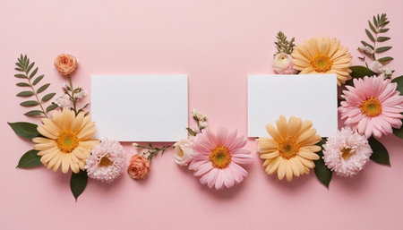 Flowers composition. Frame made of flowers on pastel pink background. Flat lay, top view, copy spaceの素材