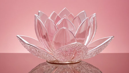 Beautiful lotus flower with reflection on glass table. Pink background.の素材