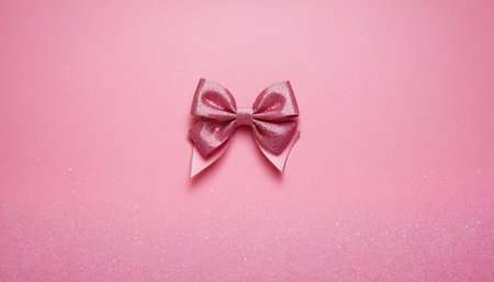 Pink bow on pink background. Flat lay, top view, copy space.の素材