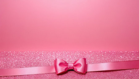 Pink bow on pink background with copy space. Festive concept.の素材