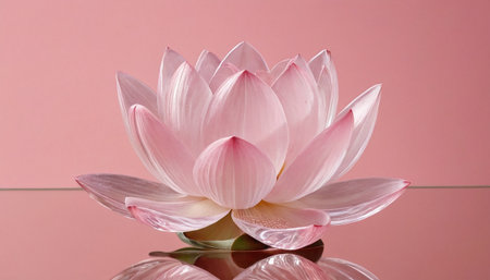 Pink lotus flower on a pink background with reflection in water.の素材