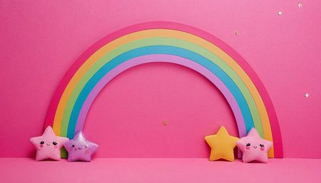 Rainbow and stars on a pink background. Minimal concept.の素材