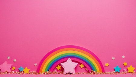 Rainbow, stars and confetti on a pink background. Copy space.の素材