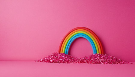 Rainbow with glitter on pink background. Minimal creative concept.の素材