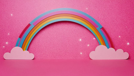 Rainbow and clouds on a pink background. Minimalism concept.の素材