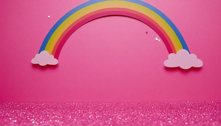 Pink background with rainbow, clouds and confetti. Copy space.の素材