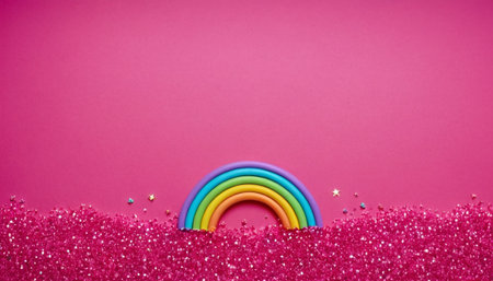 Rainbow on pink background with sparkles. Space for text.の素材