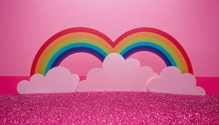 Rainbow and clouds on a pink background. Valentine's day concept.の素材