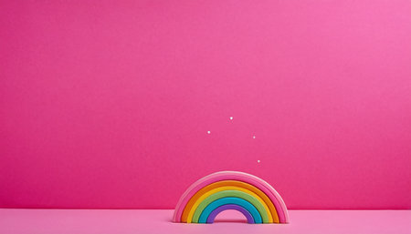 Rainbow on a pink background. Minimalism. Copy space.の素材