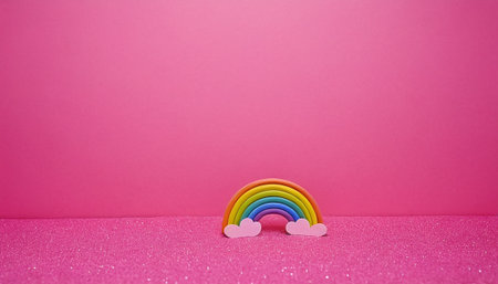 Rainbow and hearts on pink background. Valentines day concept.の素材