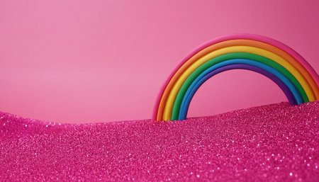 Rainbow on pink background. Minimal concept. Copy space.の素材