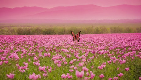Butterfly on a pink field of poppies at sunsetの素材