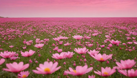 Pink cosmos flowers blooming in the meadow with pink sky backgroundの素材