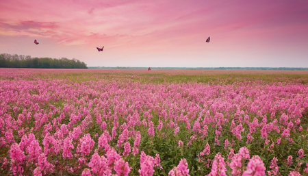 Sunset over a field of pink flowers with butterflies in the skyの素材