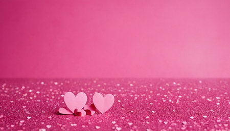Pink paper hearts on pink glitter background. Valentines day concept.の素材