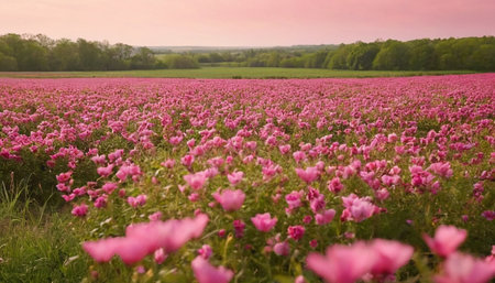 Beautiful pink flowers in the field at sunset. Spring landscape.の素材