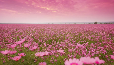 Cosmos flowers field with pink sky background. Beautiful nature landscape.の素材