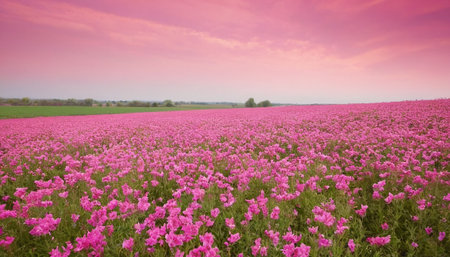 Field of pink poppies on a background of blue sky with cloudsの素材