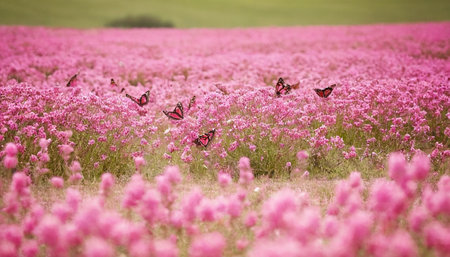 Pink cosmos flowers blooming in the field with butterfly, nature backgroundの素材